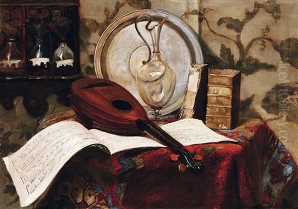 Studio Still-life With Mandolin Oil Painting by Fritz (Friedrich) Rojka