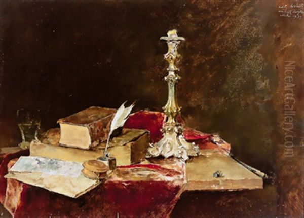 Stilleben Mit Buchern, Schriftstucken Und Einem Kerzenleuchter Auf Einer Tischplatte Oil Painting by Fritz (Friedrich) Rojka