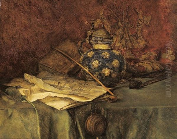 Stilleben Mit Buch Und Ziergegenstanden Oil Painting by Fritz (Friedrich) Rojka