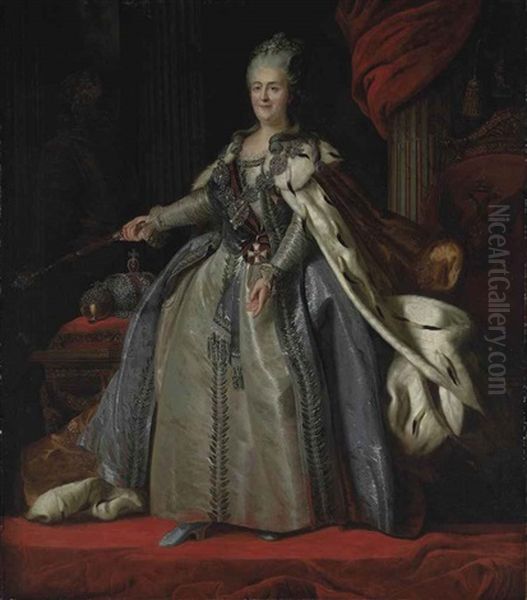 Portrait Of Catherine The Great, Empress Of Russia In Robes Of State, Standing Before A Draped Column Oil Painting by Fedor Stepanovich Rokotov