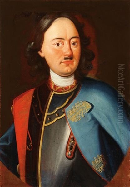 Portrait Of Tsar Peter The Great In Breast Armor Oil Painting by Fedor Stepanovich Rokotov