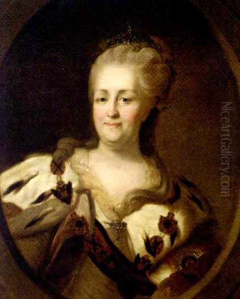 Portrait Of Catherine The Great, In An Ermine-trimmed Robe, Wearing The Chain Of The Order Of St. Andrew Oil Painting by Fedor Stepanovich Rokotov