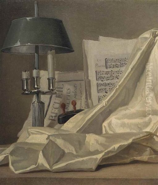 A Bouillette Lamp, A Sheet Of Music, A Violin And White Satin Cloth On A Stone Ledge by Henri Horace Roland de la Porte