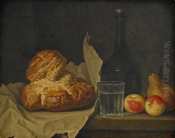 Still Life With Bread, Fruit, Water Glass And Bottle Oil Painting by Henri Horace Roland de la Porte