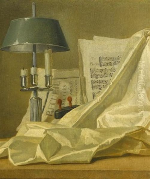 A Still Life With A Bouillette Lamp, A Sheet Of Music, A Violin And A White Satin Cloth On A Stone Ledge Oil Painting by Henri Horace Roland de la Porte