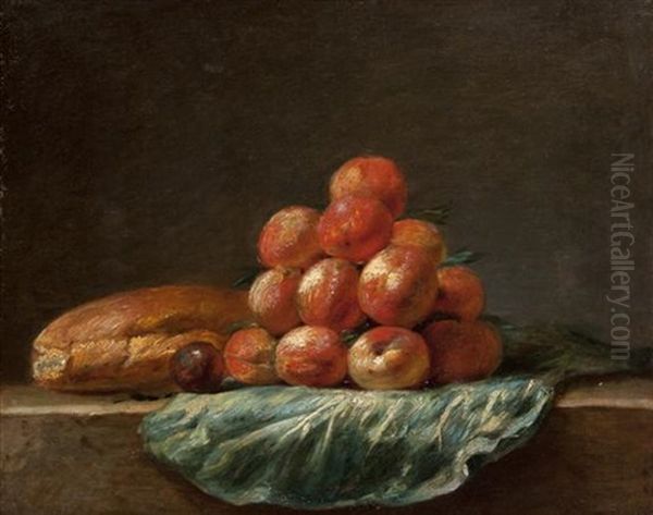 Still Life With Loaf Of Bread, A Plum And Peaches Oil Painting by Henri Horace Roland de la Porte