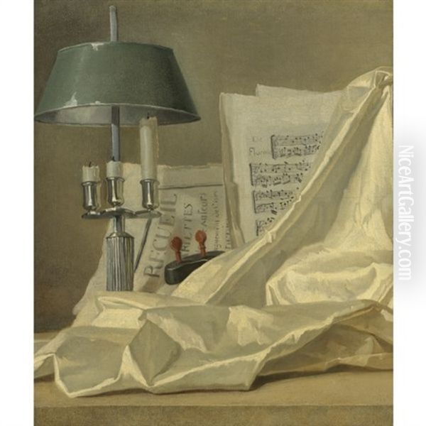 A Bouillette Lamp, A Sheet Of Music, A Violin And A White Satin Cloth On A Stone Ledge Oil Painting by Henri Horace Roland de la Porte