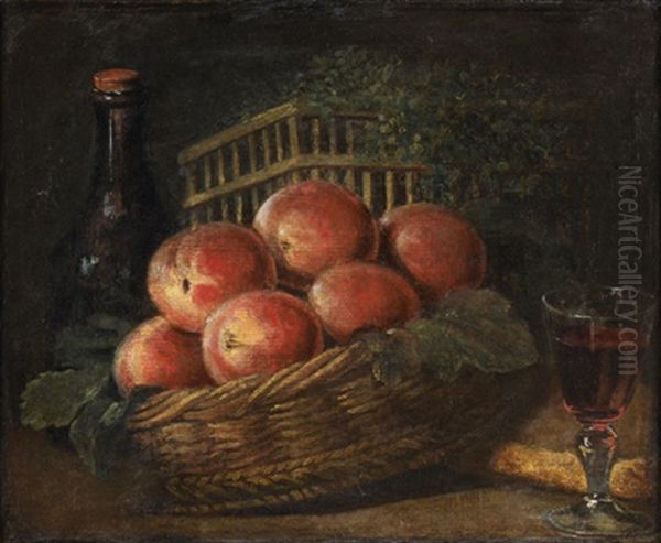 Nature Morte Aux Peches Dans Une Corbeille Avec Une Bouteille Et Un Verre De Vin Oil Painting by Henri Horace Roland de la Porte