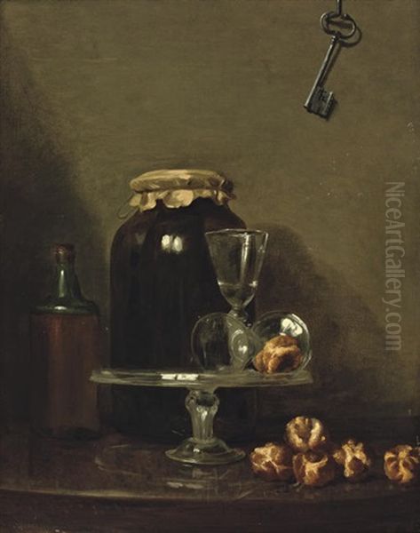 Two Wine Glasses On A Glass Dish, Rolls Of Bread, A Key Hanging From A Wall Above Oil Painting by Henri Horace Roland de la Porte