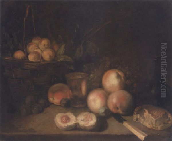 Still Life Of Apricots In A Wicker Basket, Together With Peaches, Grapes, Plums, Bread, A Knife And A Bottle Of Wine, Upon A Stone Ledge Oil Painting by Henri Horace Roland de la Porte