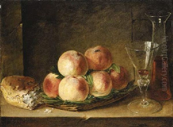 Peaches On A Straw Dish, A Bread Roll, A Wineglass And A Pitcher Of Wine On A Stone Ledge Oil Painting by Henri Horace Roland de la Porte