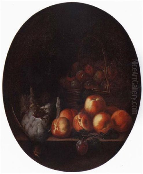 Nature Morte Au Panier De Prunes, Peches Et Canard Sur Un Etablement Oil Painting by Henri Horace Roland de la Porte