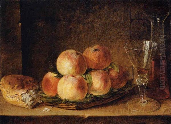 Peaches On A Straw Dish, A Bread Roll, A Wineglass And A Pitcher Of Wine On A Stone Ledge Oil Painting by Henri Horace Roland de la Porte