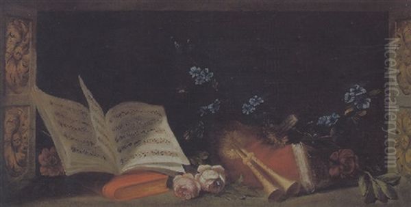 Stilleben Mit Notenbuch, Floten Und Blumen Oil Painting by Henri Horace Roland de la Porte