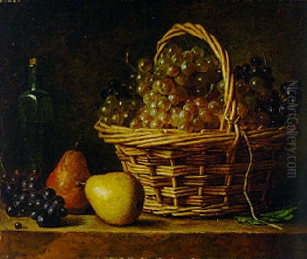 Grapes In A Wicker Basket, Pears, Grapes And A Bottle On A Ledge Oil Painting by Henri Horace Roland de la Porte