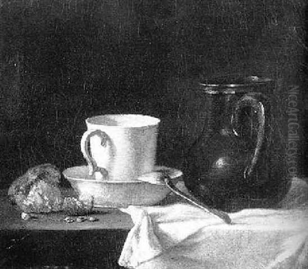 Still Life Of A Cup And A Saucer And A Pitcher On A Draped Table Oil Painting by Henri Horace Roland de la Porte