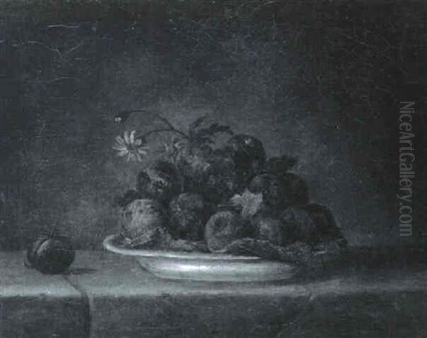 Still Life Of Plums With Flowers In A Plate On A Ledge Oil Painting by Henri Horace Roland de la Porte