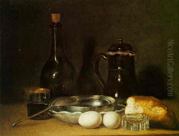 Still Life Of Two Eggs, A Ceramic Jug, A Bottle And Other Objects, All Upon A Ledge Oil Painting by Henri Horace Roland de la Porte