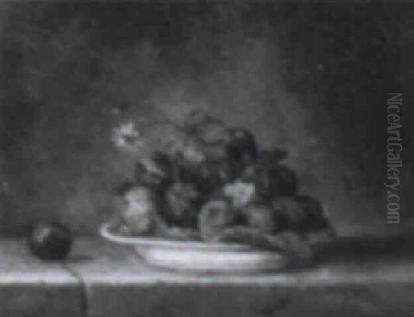 Still Life Of A Plate Of Plums And Flowers On A Ledge Oil Painting by Henri Horace Roland de la Porte