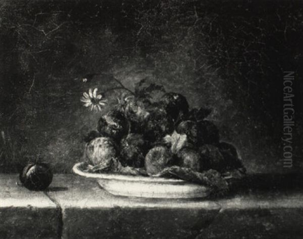 Still Life Of A Plate Of Plums And Flowers On A Ledge Oil Painting by Henri Horace Roland de la Porte