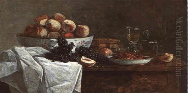 Nature Morte Aux Fruits: Raisins, Peches Et Fraises Disposessur Une Table Oil Painting by Henri Horace Roland de la Porte