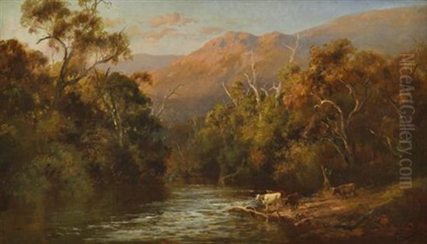 Cattle By The Stream, Early Evening Oil Painting by Charles Rolando