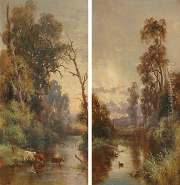 Cattles Watering (+ Swans On The River; Pair) Oil Painting by Charles Rolando