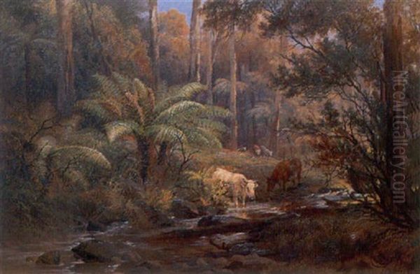 Cattle At A Stream Oil Painting by Charles Rolando