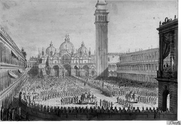 A View Of Piazza San Marco With The Ceremony For The Return Of Thebronze Horses To The Venetian State On 13 December 1815 Oil Painting by Giuseppe Borsato