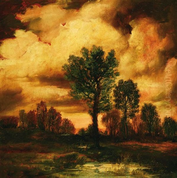 Trees In Early Evening Oil Painting by Viktor Rolin