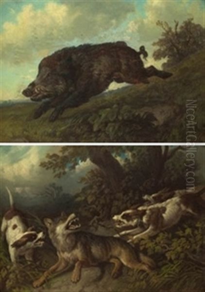 Jabali (+ Lobo Y Perros; Pair) Oil Painting by Auguste Rolland