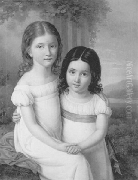 Portrait De Deux Jeunes Fillettes Sur Fond De Paysage Oil Painting by Benjamin De Rolland