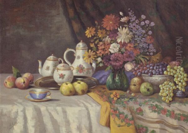 A Still Life Of Fruit, A Vase Of Flowers And China On A Table Oil Painting by Mileva Roller