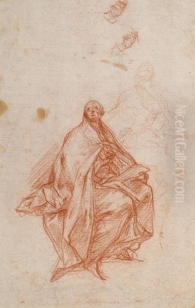 Figure Of A (bishop?) Saint, A Further Study For The Same Figure And Two Sketches Of A Hand(recto) Oil Painting by Carlo Bartolomeo Borsetti