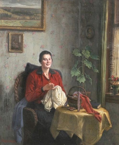 Interieur Mit Nahender Frau Oil Painting by Josef Rolletschek