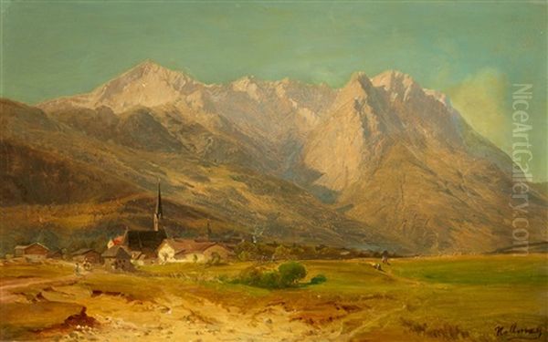 Alpine Landscape With A Village Oil Painting by Julius Rollmann