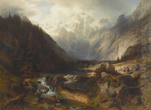 Hirschjagd Im Gebirge Oil Painting by Julius Rollmann