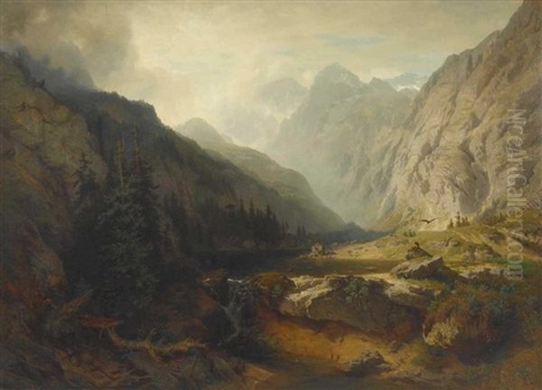 Gebirgslandschaft Mit Zwei Raubvogeln Am Fluss Oil Painting by Julius Rollmann