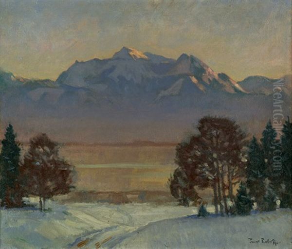 Sonnige Winterlandschaft Am Chiemsee Mit Blick Auf Die Alpen Oil Painting by Paul Alexander Roloff