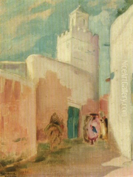 Rue Et Minaret A Kairouan Oil Painting by Julius Rolshoven