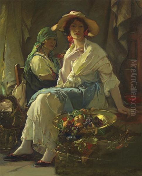 Assisi Market Girls Oil Painting by Julius Rolshoven