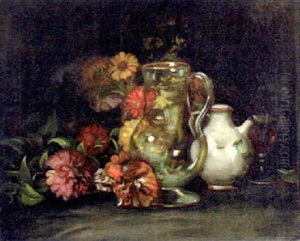 Zinnias And Water Pitcher Oil Painting by Julius Rolshoven