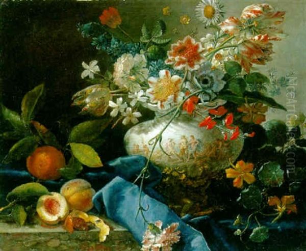 Flowers In A Vase With Oranges, Peaches And Nasturtiums On A Partly Draped Ledge Oil Painting by Jose Roma