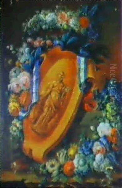 Guirnalda De Flores Con Un Relieve En Piedra De Una Musa    Rodeado De La Banda De La Real Orden De Carlos Iii Oil Painting by Jose Roma