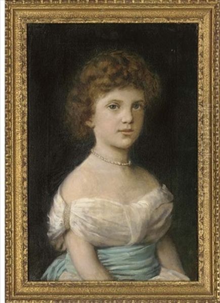 Portrait Of A Young Girl, Seated Half-length, In A Blue Sash And Pearl Necklace Oil Painting by Angiolo Romagnoli