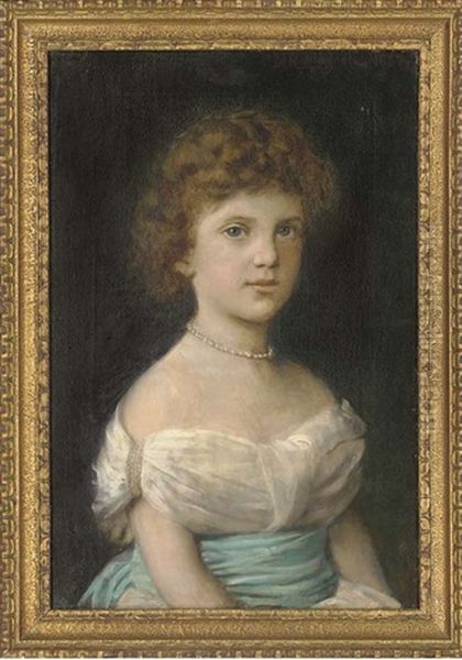 Portrait Of A Young Girl, Seated Half-length, In A Blue Sash And Pearl Necklace by Angiolo Romagnoli