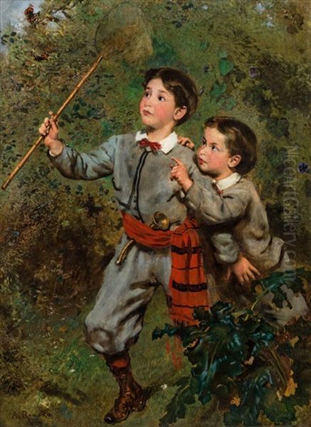 Two Children Catching Butterflies Oil Painting by Anton Romako