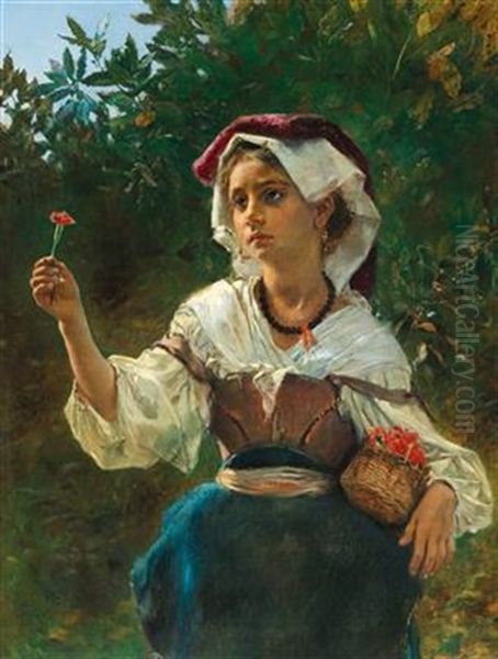 Italian Girl With A Small Basket And A Carnation Before A Laurel Bush Oil Painting by Anton Romako