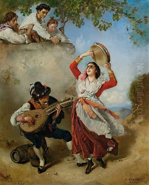 Roman Tarantella Dancer With Tambourine And A Mandolin Player Oil Painting by Anton Romako