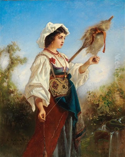 Roman Girl Spinning Oil Painting by Anton Romako